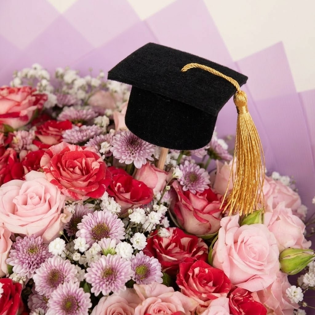 باقة التخرج البنفسجية مع قبعة